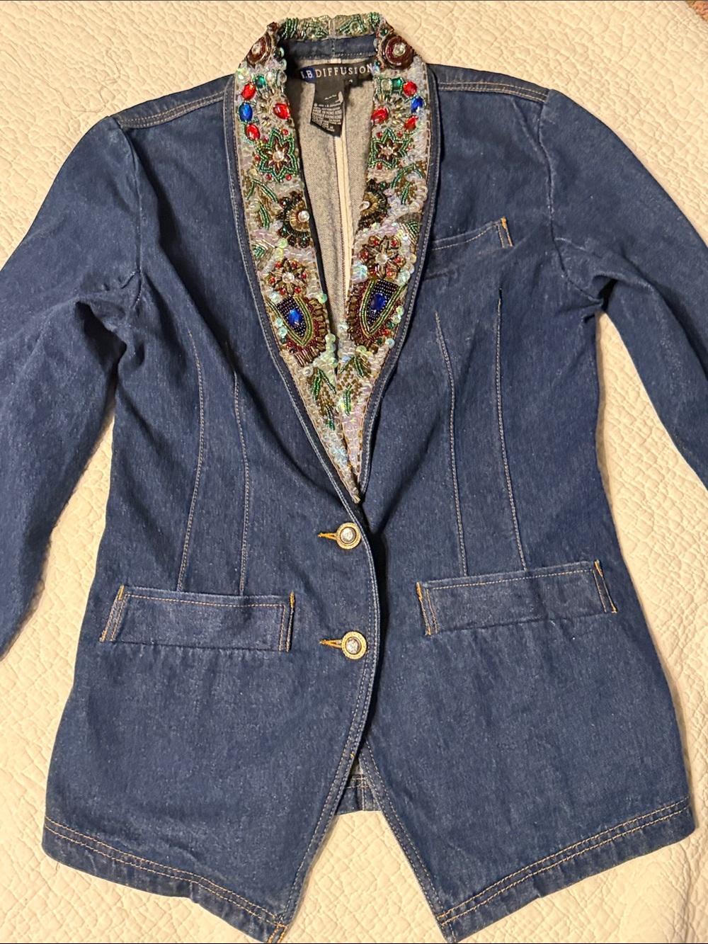 Vintage Embellished Shawl Collar Denim Blazer - Blue 4 - Picture 4 of 7